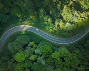 Aerial view of a white car driving on a winding asphalt road through a dense forest with lush green trees and dappled sunlight filtering through the canopy creating shadows and highlights on the