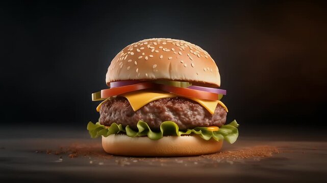A perfect, appetizing burger with a sesame seed bun, layered with patty, cheese, pickles, tomatoes, and onions on lettuce. Dark background