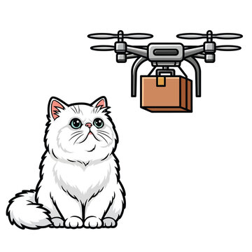A white cat beside a drone delivering a package