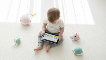 Child immersed in a digital world with tablet: A curious child engrossed in a tablet, interacting with its colorful digital interface and accompanied by playful toys in a brightly lit space.