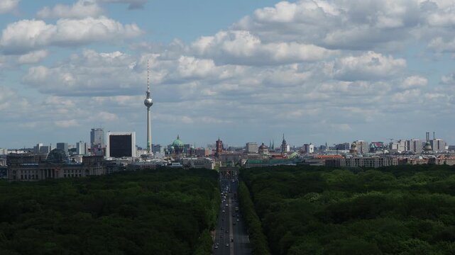 Panoramic view of Berlin skyline with TV Tower, Tiergarten park and Strasse des 17. Juni, Germany