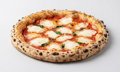 Neapolitan pizza with basil leaves, melted mozzarella, and tomato sauce isolated on clean background