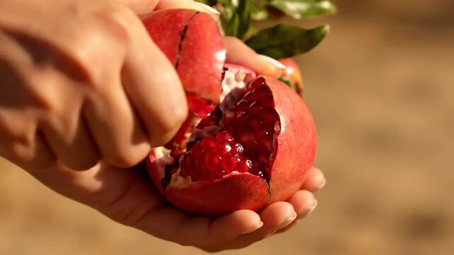 A close-up view of hands gently peeling open a ripe red pomegranate, revealing the vibrant, jewel-like arils inside, bathed in warm sunlight.