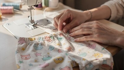 Close medium shot showing hands stitching playful printed baby leggings with fun patterns highlighting the stretchy pullon design and colorful details.