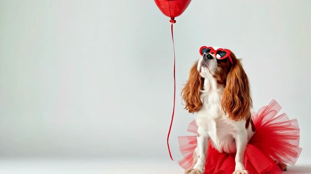 Dog in red tutu and heart-shaped sunglasses poses with red balloon in studio setting