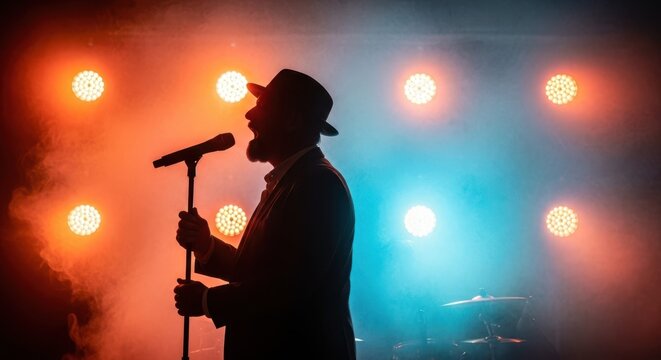 Silhouette Singer Under Stage Lights: A singer silhouette on a stage, illuminated by vibrant stage lights, capturing the moment of performance.