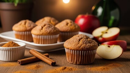 Apples and Spice Muffins: Indulge in a mouthwatering display of fresh apple muffins, delicately adorned with a cinnamon dusting, accompanied by whole apples and cinnamon sticks.