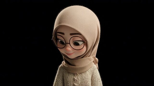 Cute 3D cartoon Muslim girl character wearing hijab, glasses, and knitted sweater smiling, friendly Islamic mascot concept.