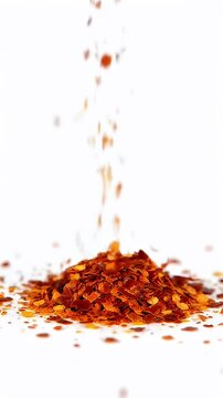 Pile of red pepper flakes falling against white background