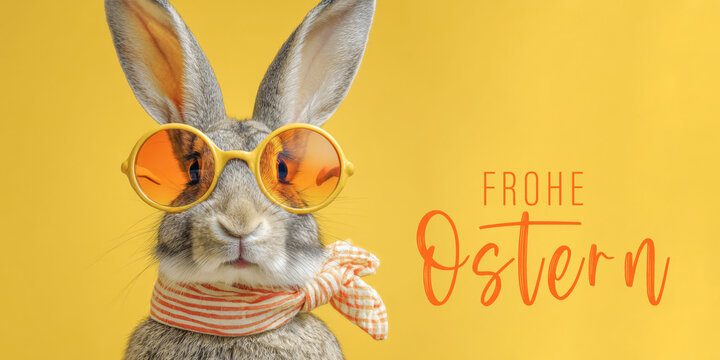 Frohe Ostern Konzept Feiertag Gru&szlig;karte, Karte mit deutschem Text - Cooler lustiger Osterhase, Hase mit Sonnenbrille, isoliert auf gelbem Hintergrund