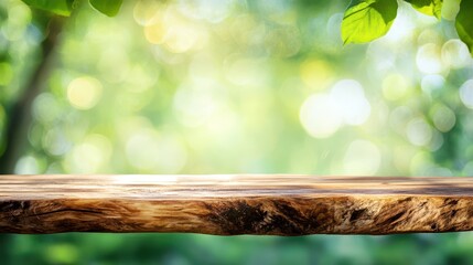 Fototapeta premium Wooden table for Display: A natural wooden surface, providing a perfect display for products. Over a lush, verdant backdrop, inviting to showcase various items. 