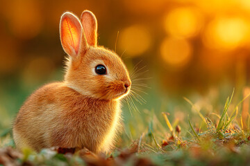 Soft rabbit sitting in a backyard garden during sunset hours Generative AI