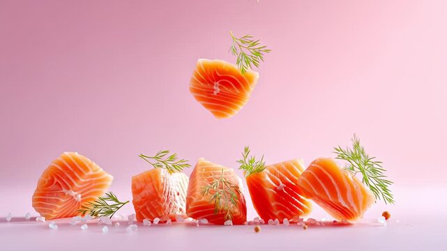 Floating salmon pieces with herbs and spices on pink background