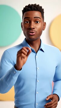 Confident young man speaking in colorful modern office setting