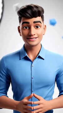 Smiling animated character in blue shirt on abstract background