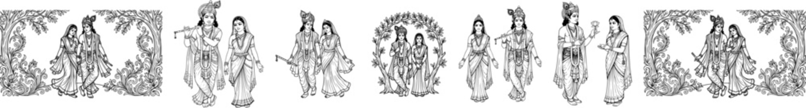 Radha Krishna divine couple collection with decorative borders, traditional Indian line art vector set, Hindu deities in various romantic poses for wedding and festival design