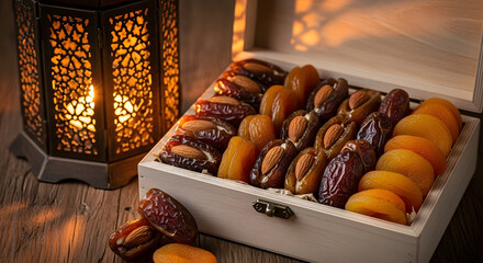 A wooden gift box filled with stuffed dates, almonds, and dried apricots next to a glowing lantern.