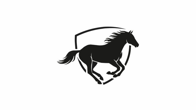 Silhouette of a running horse inside a shield emblem.