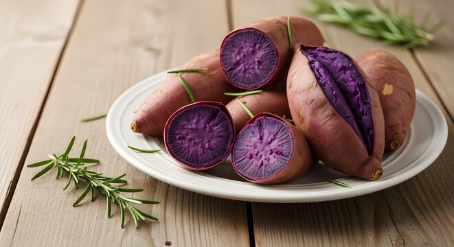 ubi jalar ungu didalam piring di atas meja