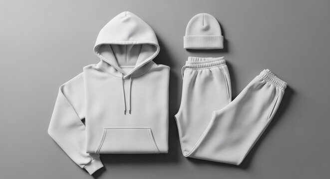 High-quality blank white apparel MockUp featuring a comfortable hooded sweatshirt, soft joggers, and a matching beanie, perfect for fashion branding and product customization