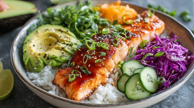 Salmon rice bowl offering healthy, asian-inspired cuisine with avocado, cucumber, and red cabbage