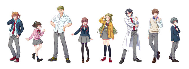 An anime-style full-body illustration of a group of eight young male and female students wearing school uniforms