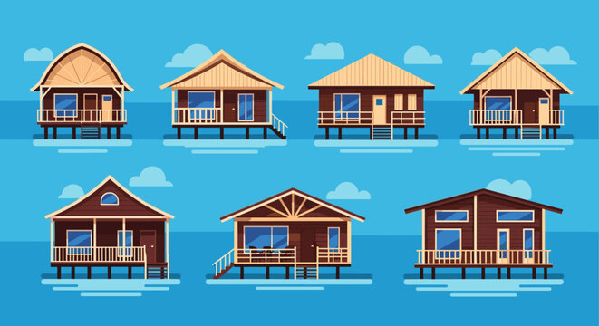Set of several different wooden bungalow styles built on stilts over water under a clear blue tropical sky.