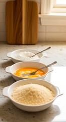 Essential Ingredients Lined Up for Breading Food Preparation in Kitchen Setting