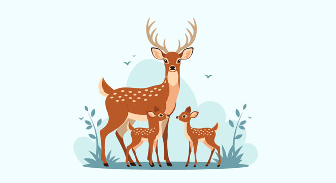 Magnificent stag with large antlers stands proudly alongside two young fawns in a simple and peaceful outdoor natural setting.