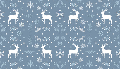 Seamless winter pattern with reindeer silhouettes snowflakes and festive branches on a dusty blue background © Vector Market