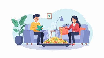 Couple relaxing at home, reading and eating noodles in a cozy living room