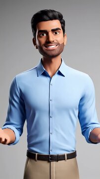 Smiling animated character in blue shirt on gray background