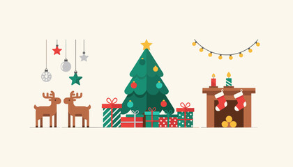 Festive Christmas scene illustration with tree gifts fireplace reindeer and holiday decor elements © Vector Market