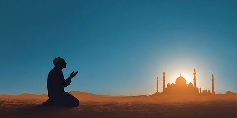 The silhouette of a Muslim praying with a mosque in the background.