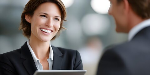 Entrepreneur and Employee Interact Over Tablet to Discuss Solutions in Professional Meeting Setting