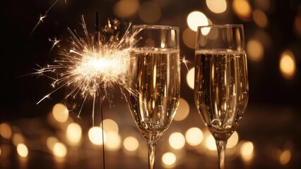 Obraz premium Two champagne flutes with a lit sparkler in the foreground, golden bokeh lights in the background. Concept Champagne Toast, Sparkler Moment, Golden Bokeh, Romantic Nightscape, Elegant Celebration