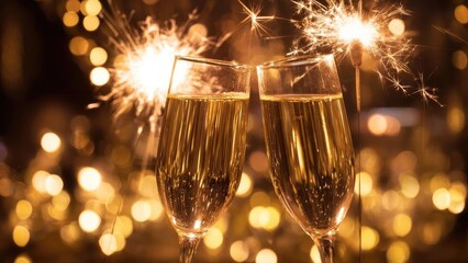 Obraz premium Two champagne flutes clinking in a festive setting with sparklers and warm bokeh lights. Concept Champagne Toast, Festive Celebration, Sparkler Atmosphere, Warm Bokeh Lights, Romantic Night Portrait