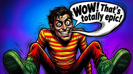 Man with wide crazy eyes in striped shirt and red pants, ecstatic expression, shouting 'WOW! That's totally epic!' speech bubble, exaggerated comic style