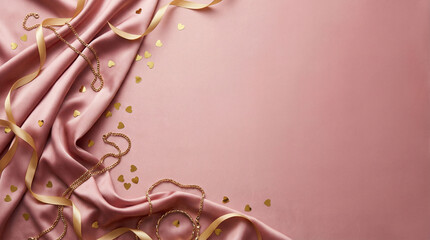 バレンタインイメージ　ピンクのシルクとゴールドジュエリーの背景