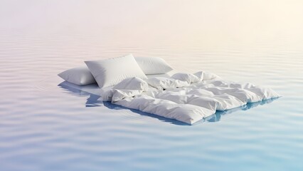 Fototapeta premium Abstract Luxury Sleep: White Bedding Floating on Pastel Water