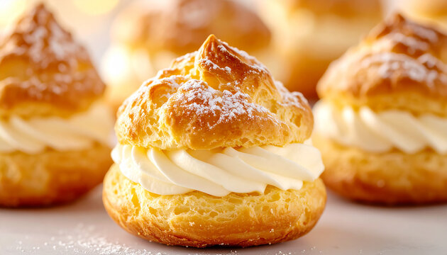 Vanilla cream puffs, golden crispy shells and creamy filling, tasty sweet food, delicious dessert.