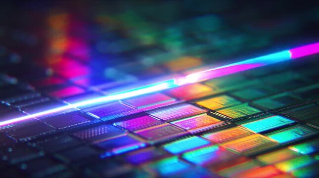 Vibrant rainbow semiconductor wafer with glowing neon blue and pink light streaks (AI Generated)