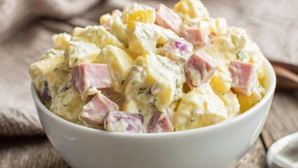 Creamy potato salad with diced ham, hard-boiled eggs, and herbs Concept Creamy potato salad, Ham and hard-boiled eggs, Herbed dressing, Picnic side dish, Classic comfort food