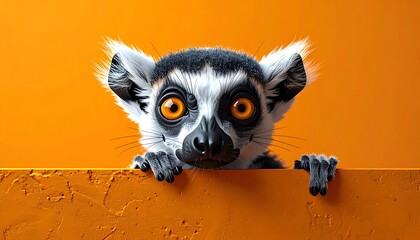 Fototapeta premium Cartoonish lemur with bright orange eyes peeks over an orange wall in front of an orange background