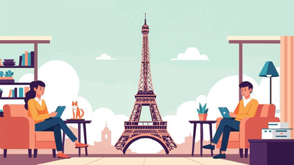 Naklejka na ściany i meble Couple relaxing indoors with Eiffel Tower view and pets