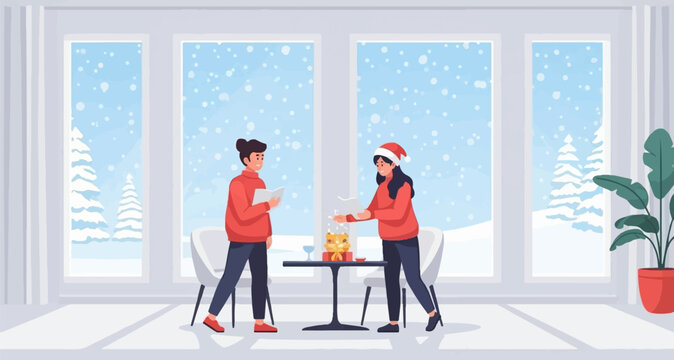 Couple in red sweaters and Santa hat celebrating winter indoors, snow falling outside