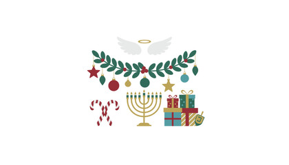 Festive holiday banner illustration with Christmas ornaments Menorah gifts and candy canes on white