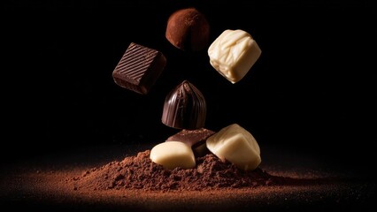 Assorted chocolates—dark, milk, and white—tumbling above a cocoa powder mound on a black background. Concept Chocolate still life, Dark milk white chocolate, Cocoa powder texture, Black background
