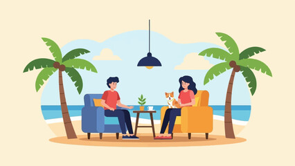 Obraz premium Couple and dog relax in armchairs by the beach under palm trees