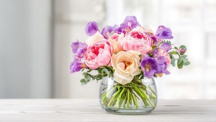 Glass vase with a bouquet of pink peonies, peach roses, and purple lisianthus on a light wooden table. Concept Floral Still Life, Glass Vase, Pink Peonies, Peach Roses, Purple Lisianthus